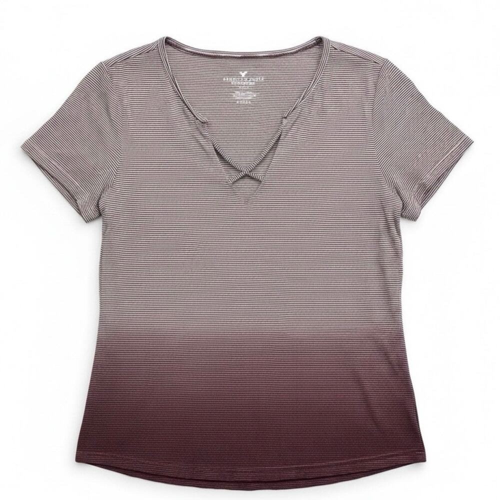 American Eagle Striped Ombré V Neck T Shirt Purple Gray Dip Dye Women’s Size S